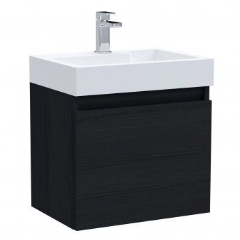 Nuie Merit Wall Hung 1-Door Vanity Unit with L-Shaped Basin 500mm Wide - Charcoal Black Woodgrain
