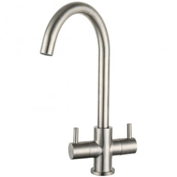 Prima Staten Swan Neck Dual Lever Kitchen Sink Mixer Tap - Brushed Steel